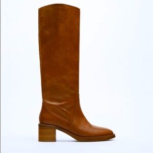 Zara Tan Knee-High Leather Block Heel Boots